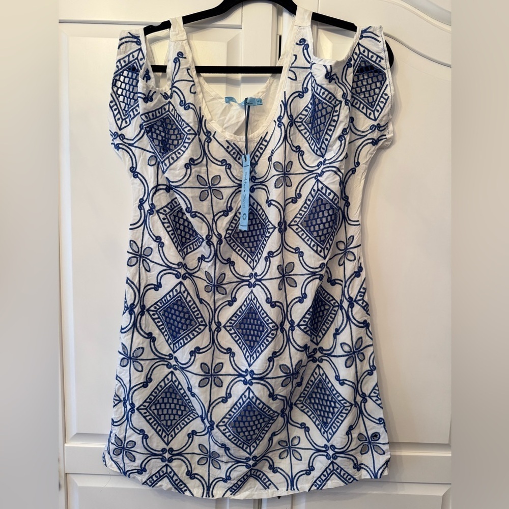 Solitaire Swim Tunic Top Womens White Blue Embroidered Beach Cover Sz L
